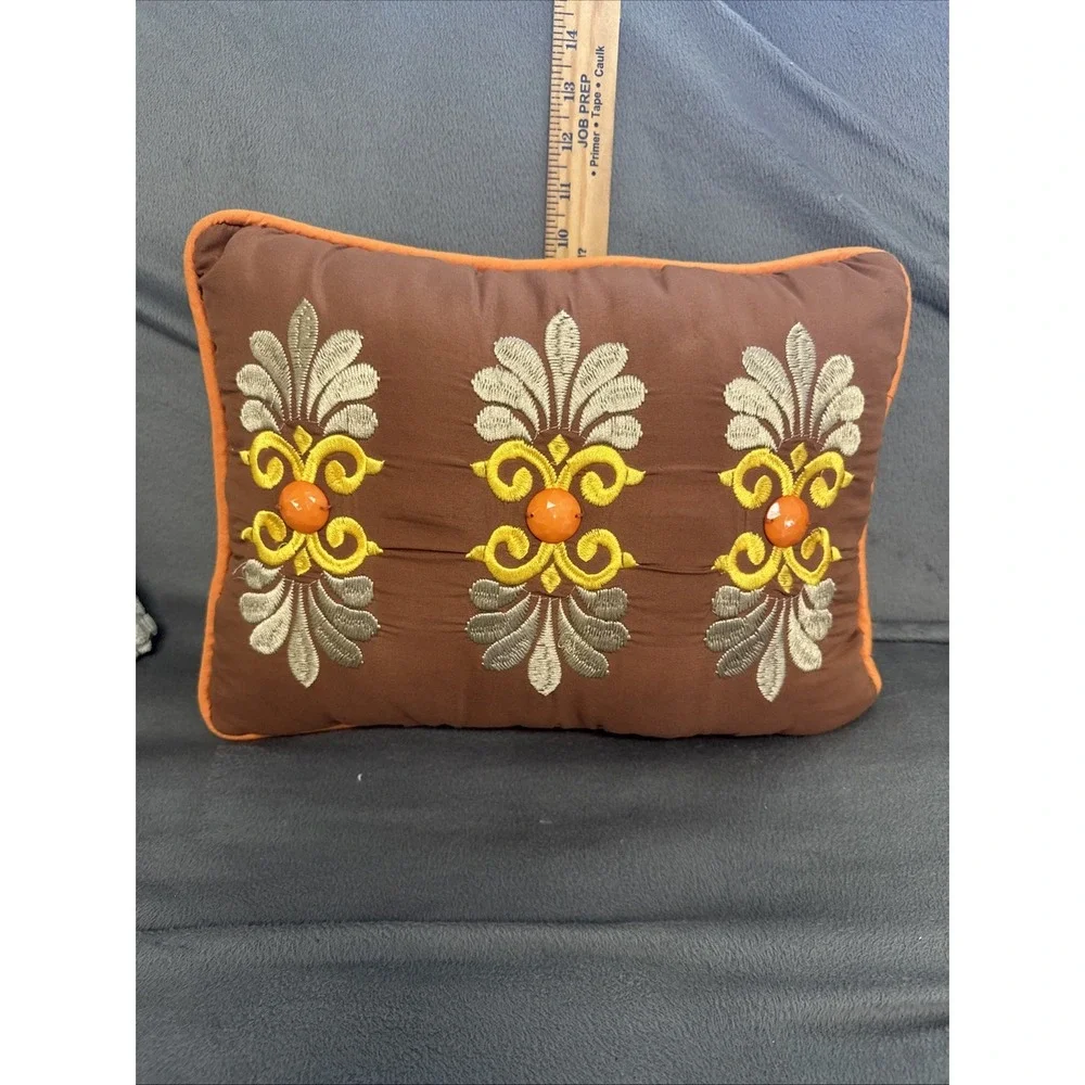 Brown Embroidered Decorative Throw Pillow Orange Gold Medallion 12x16 RN 91519